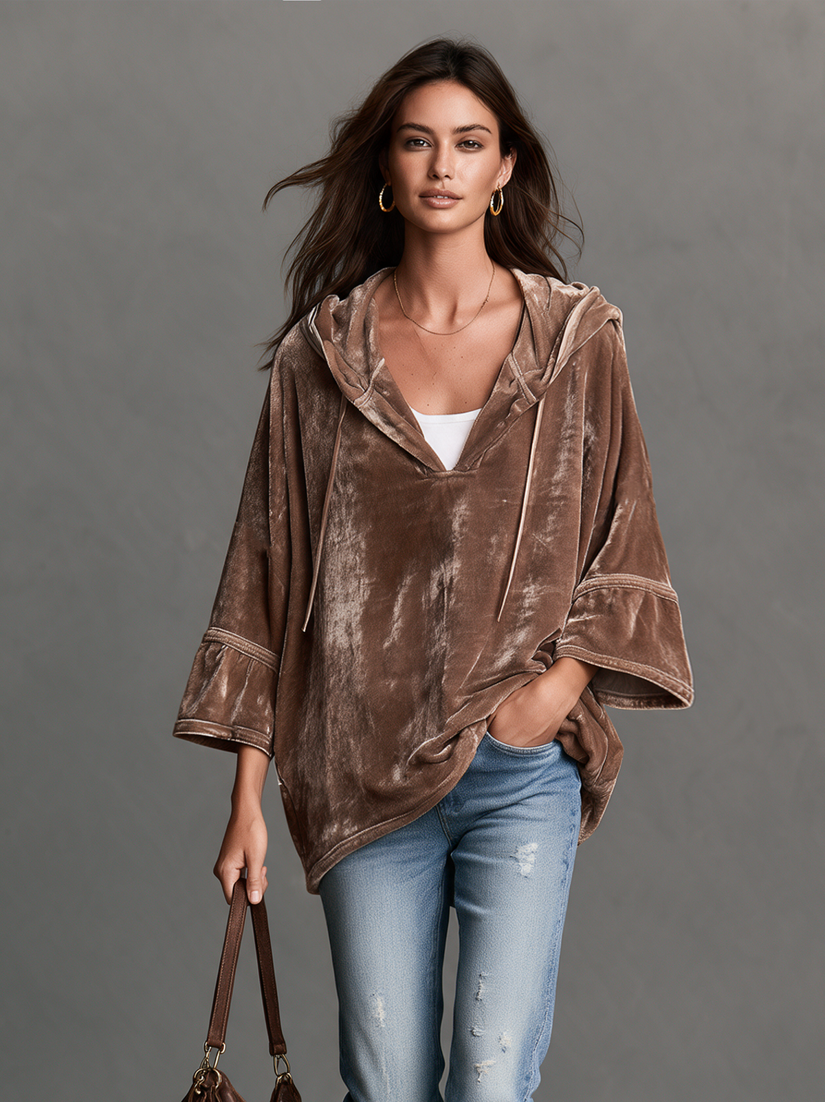 Women's Casual Brown Velvet Long-Sleeve Hoodie