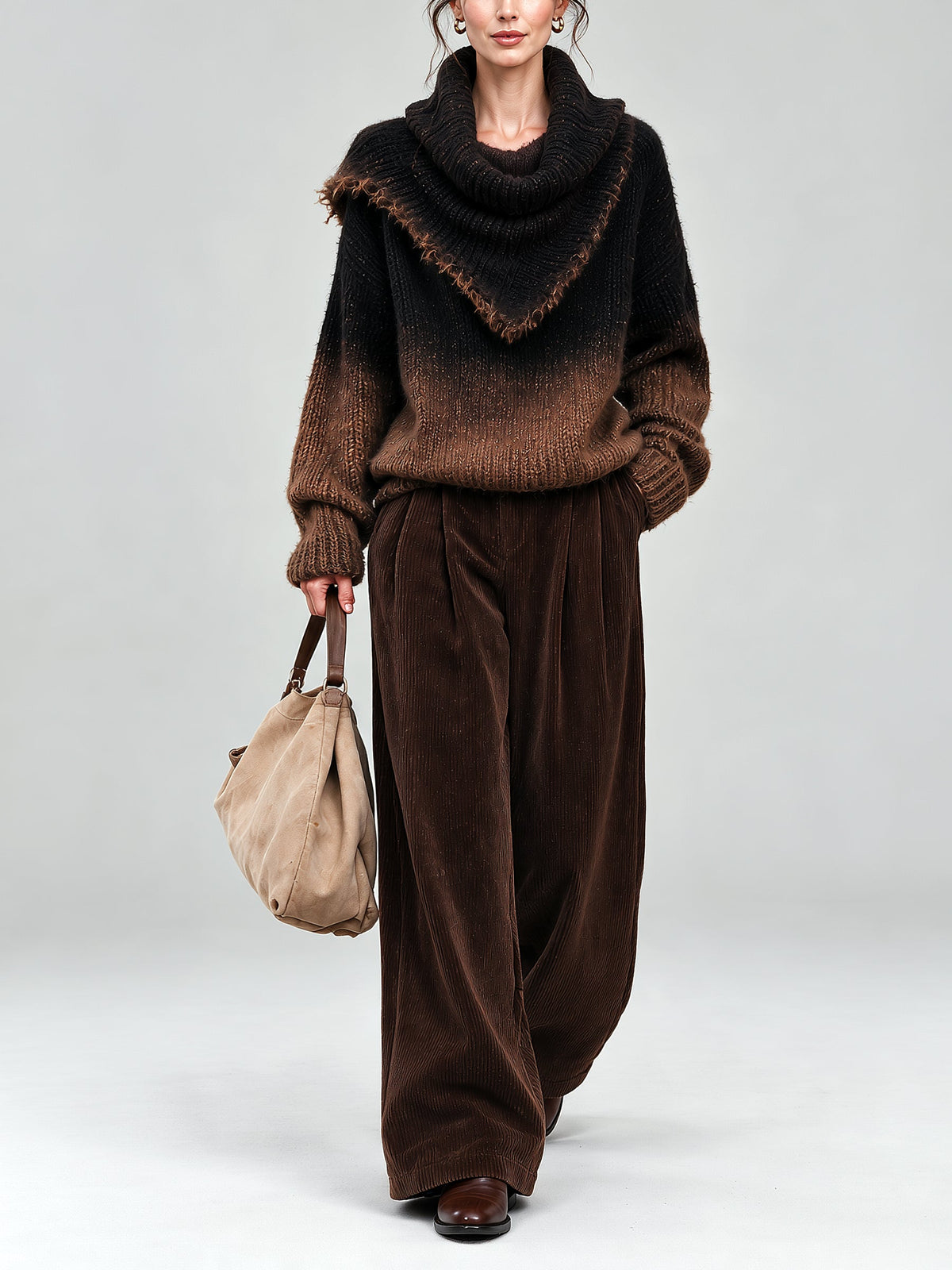 Brown Ombre Cowl Neck Sweater And Wide-Leg Corduroy Pants Set – Relaxed Two-Piece Outfit