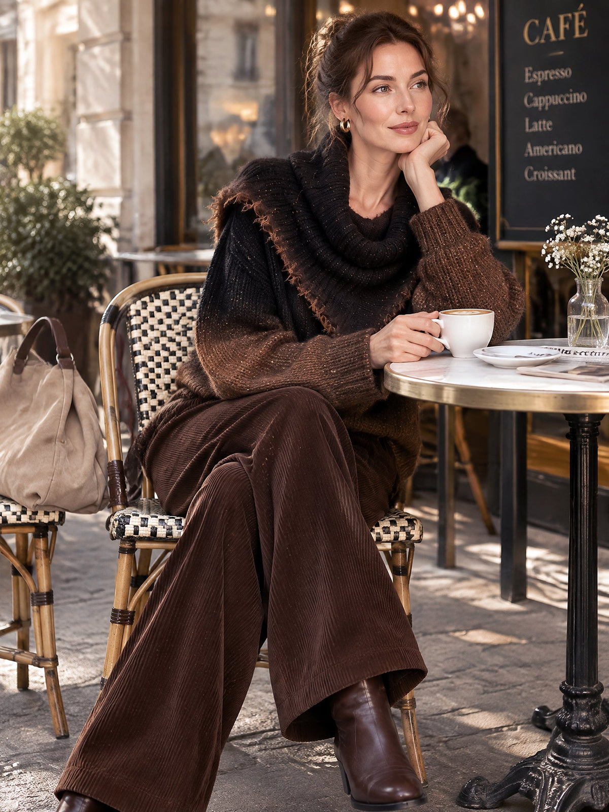 Brown Ombre Cowl Neck Sweater And Wide-Leg Corduroy Pants Set – Relaxed Two-Piece Outfit