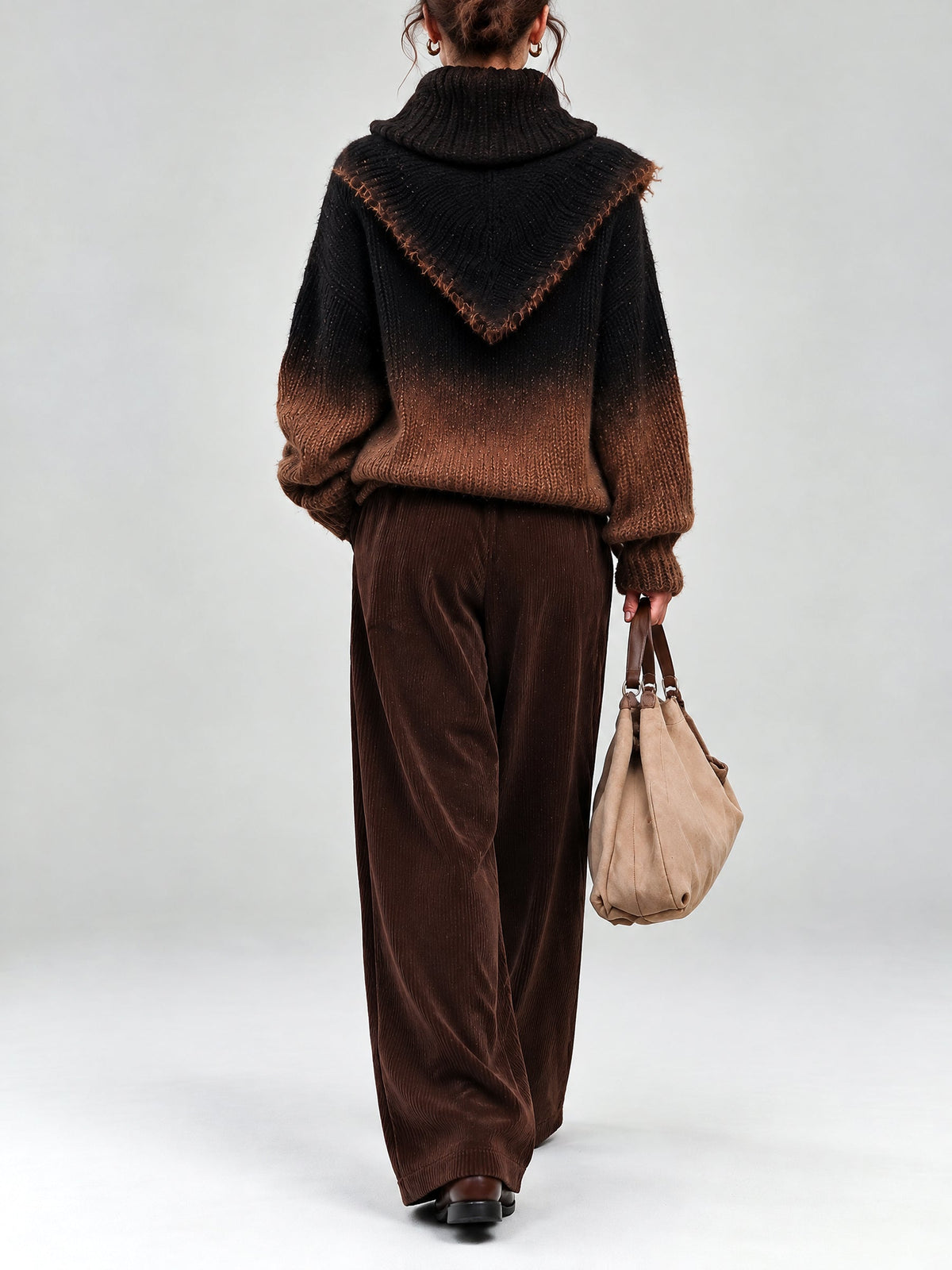 Brown Ombre Cowl Neck Sweater And Wide-Leg Corduroy Pants Set – Relaxed Two-Piece Outfit