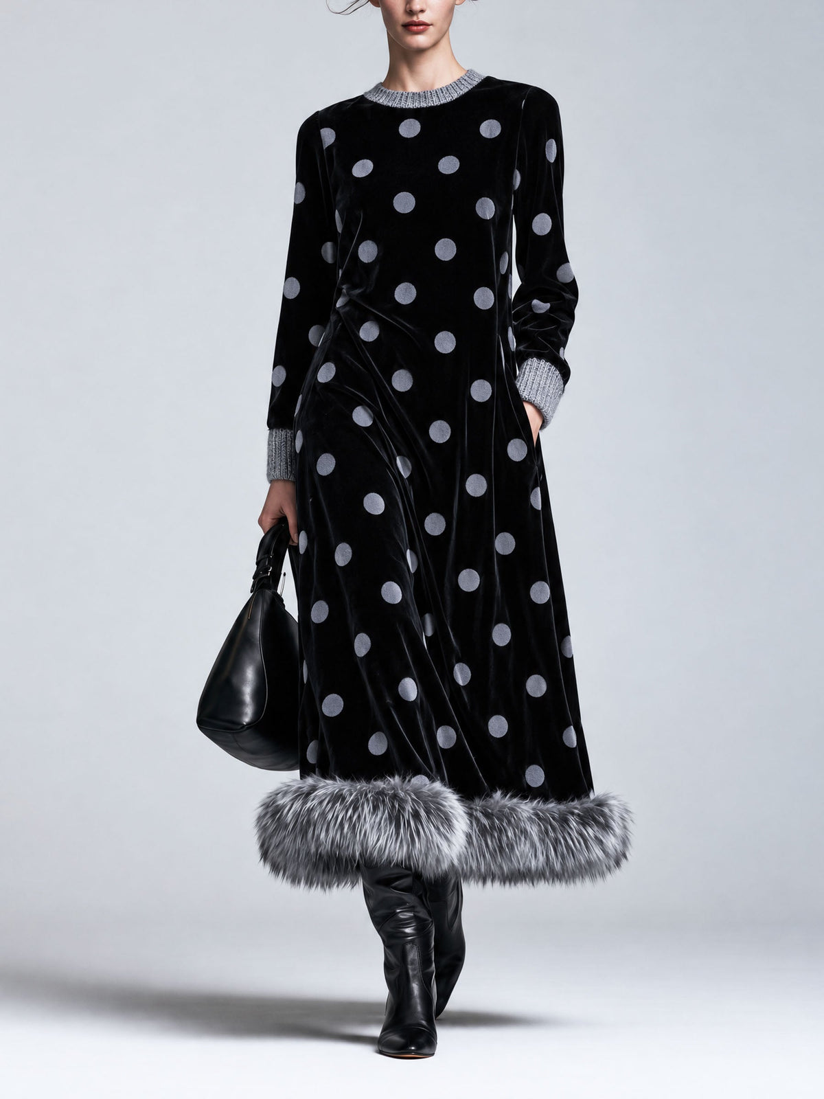 Black Velvet Polka Dot Midi Dress With Faux Fur Hem, Long Sleeve Loose Dress