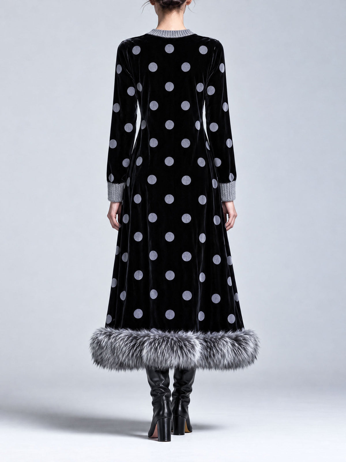 Black Velvet Polka Dot Midi Dress With Faux Fur Hem, Long Sleeve Loose Dress