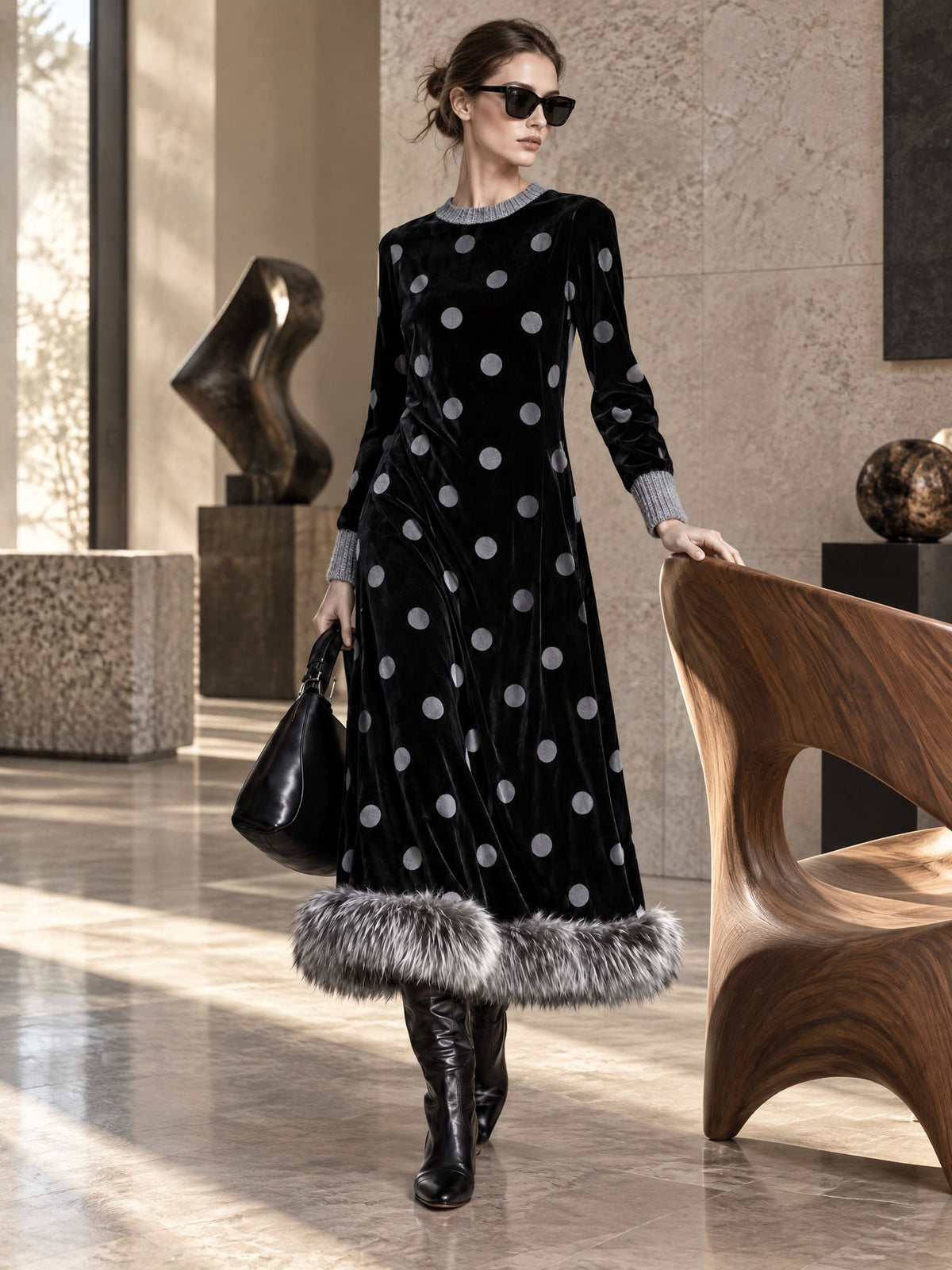 Black Velvet Polka Dot Midi Dress With Faux Fur Hem, Long Sleeve Loose Dress