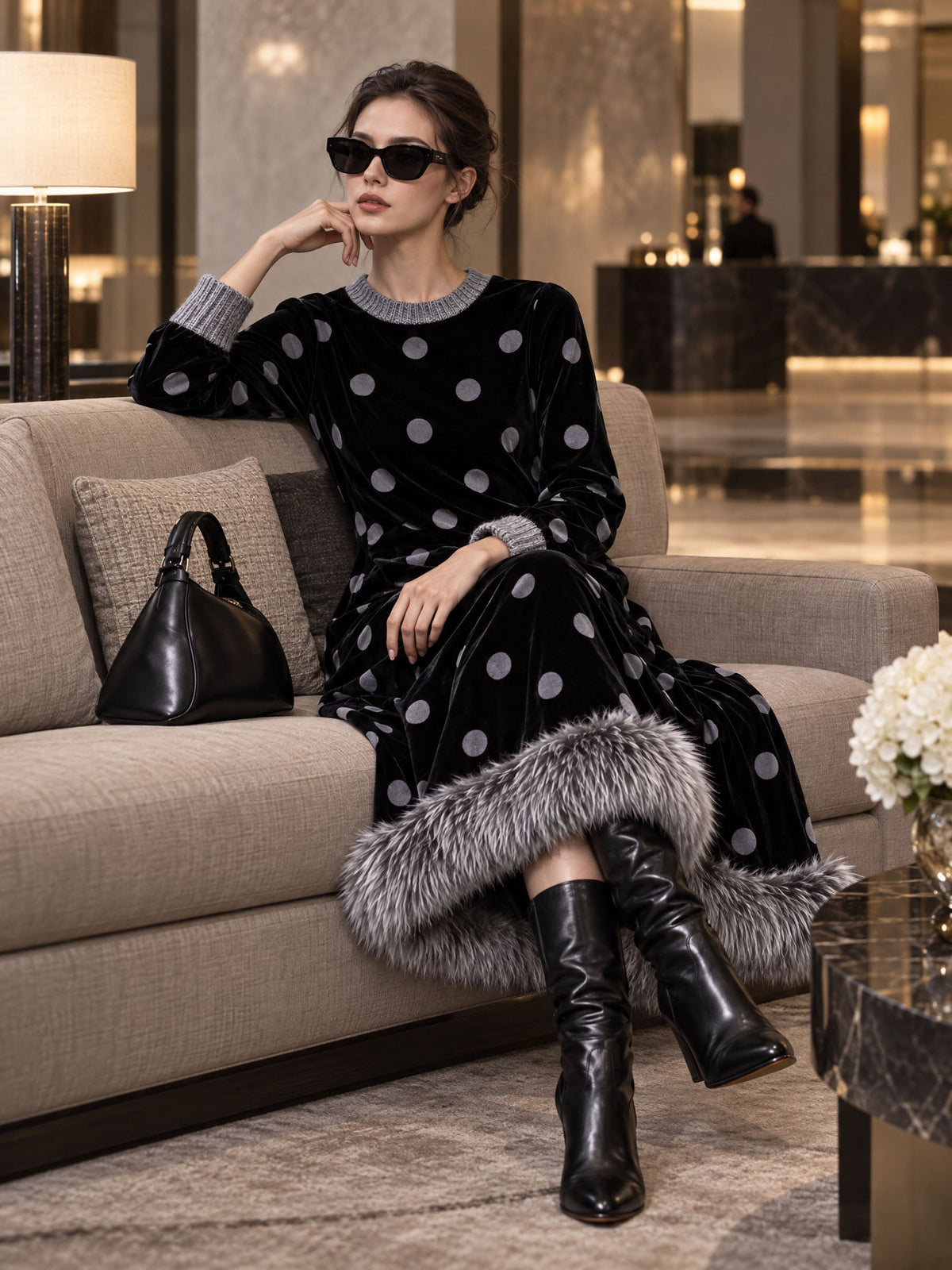 Black Velvet Polka Dot Midi Dress With Faux Fur Hem, Long Sleeve Loose Dress