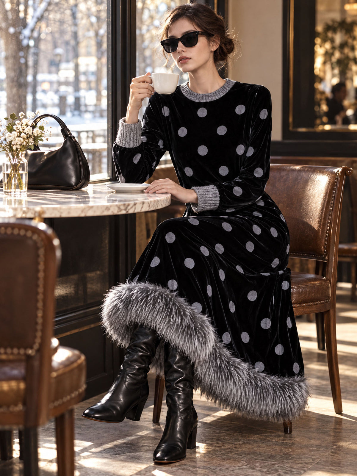 Black Velvet Polka Dot Midi Dress With Faux Fur Hem, Long Sleeve Loose Dress