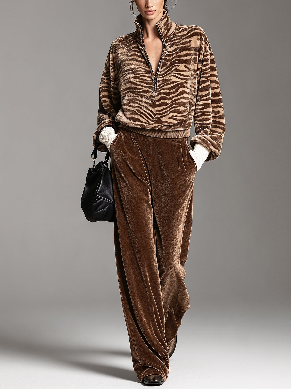 Women's Brown Tiger Print Half-Zip Sweatshirt And Velvet-Look Wide-Leg Pants Set