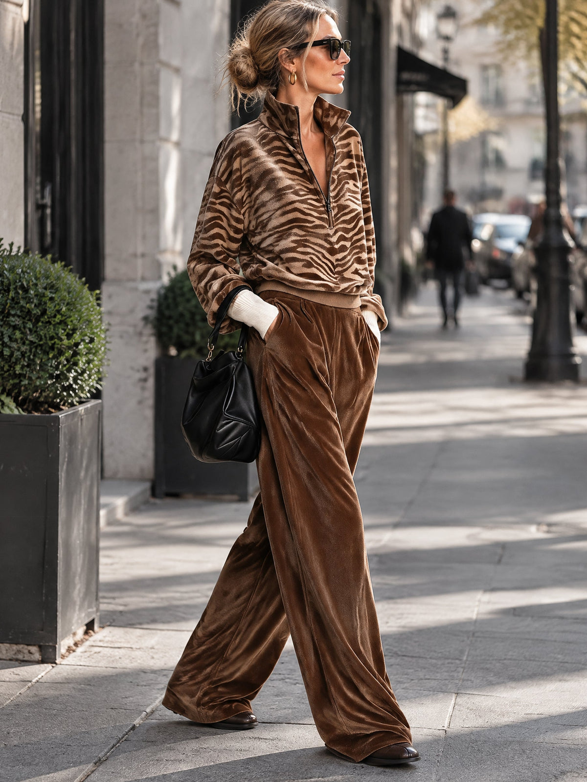 Women's Brown Tiger Print Half-Zip Sweatshirt And Velvet-Look Wide-Leg Pants Set