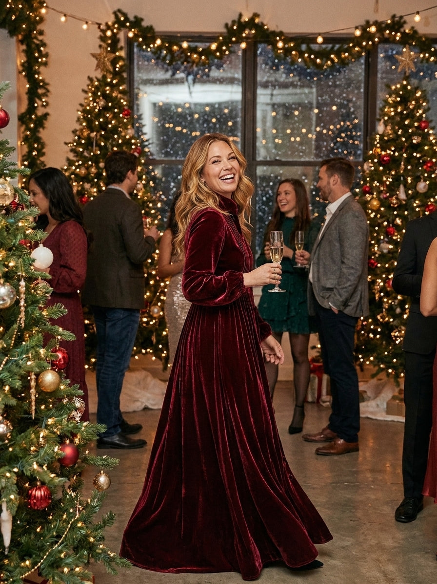 Women's Vintage Single-Breasted Velvet Maxi Dress