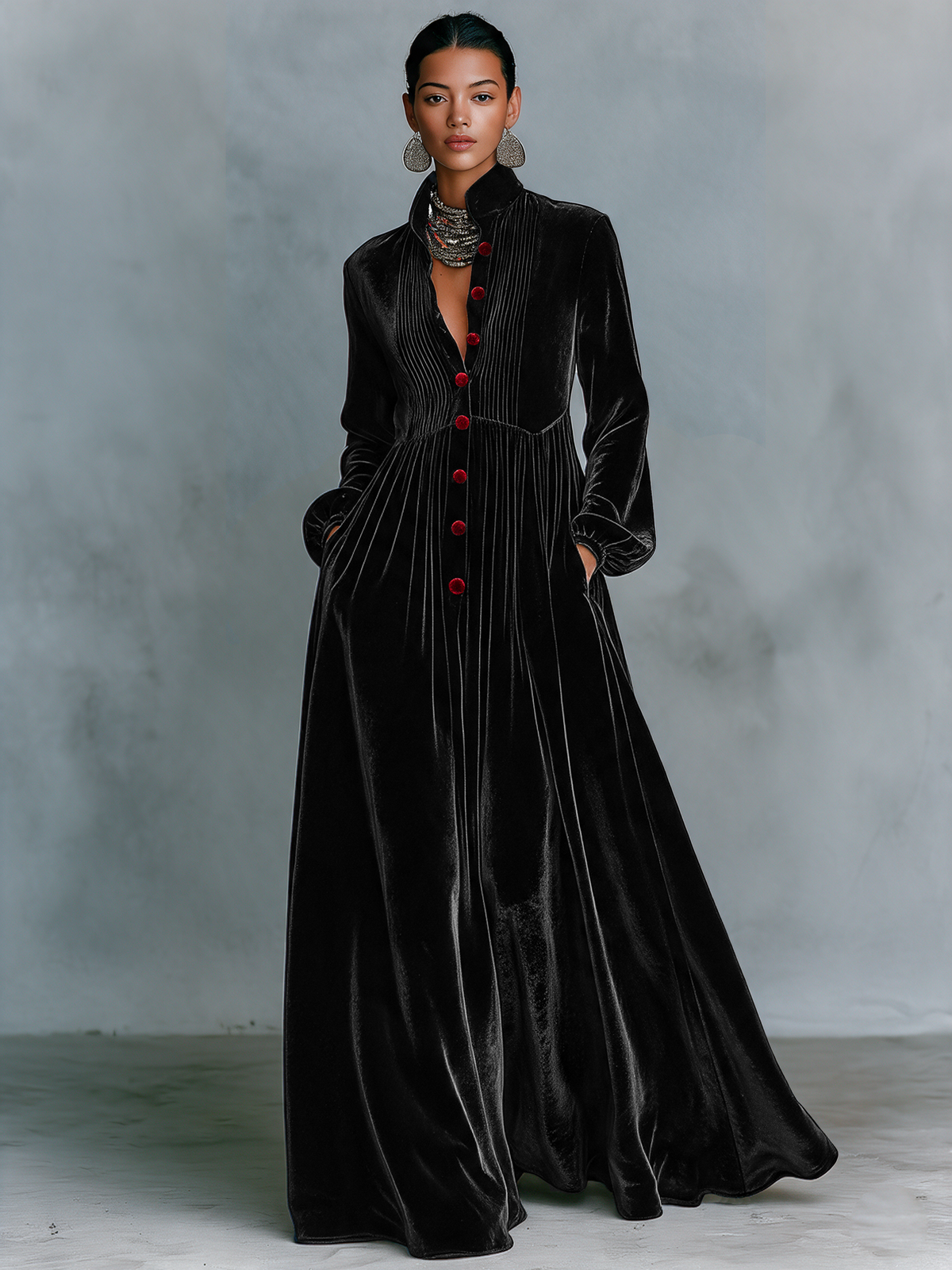 Women's Vintage Single-Breasted Velvet Maxi Dress