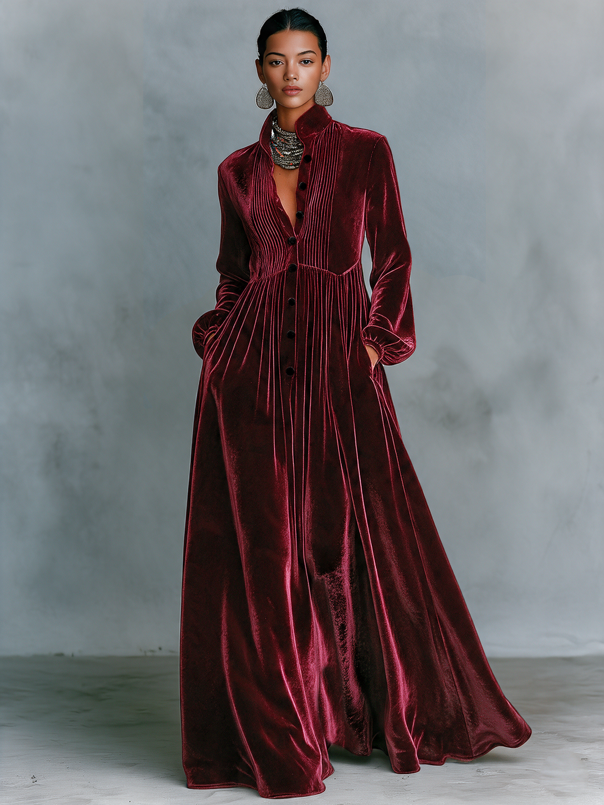 Women's Vintage Single-Breasted Velvet Maxi Dress