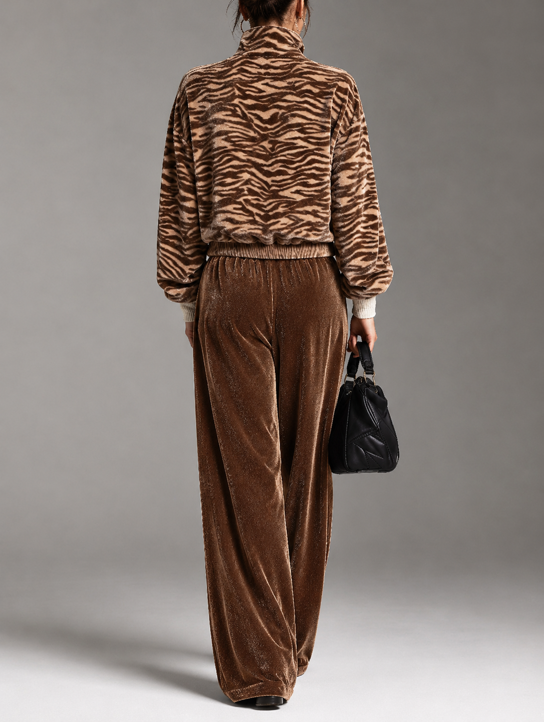 Women's Brown Tiger Print Half-Zip Sweatshirt And Velvet-Look Wide-Leg Pants Set