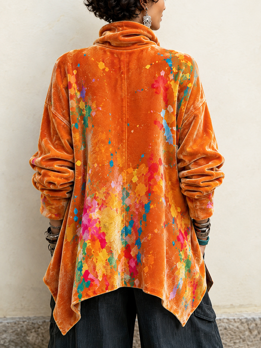 Artistic Colorful Splash Prints Velvet Asymmetrical Top