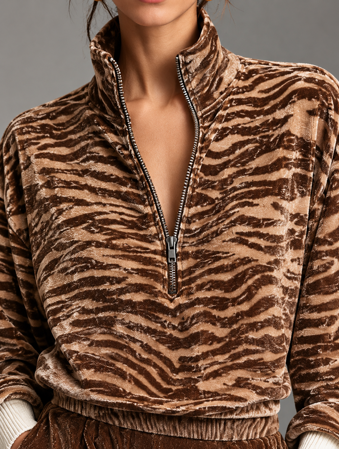 Women's Brown Tiger Print Half-Zip Sweatshirt And Velvet-Look Wide-Leg Pants Set