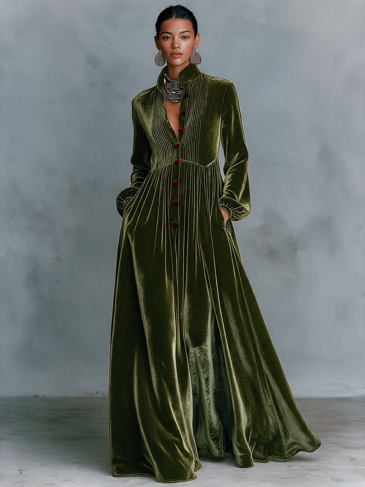 Women's Vintage Single-Breasted Velvet Maxi Dress